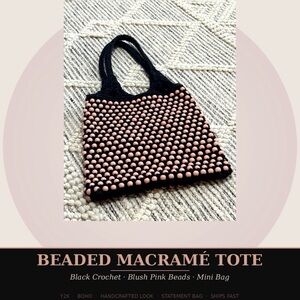 Beaded Macramé Tote Bag - Black with Blush Pink Beads